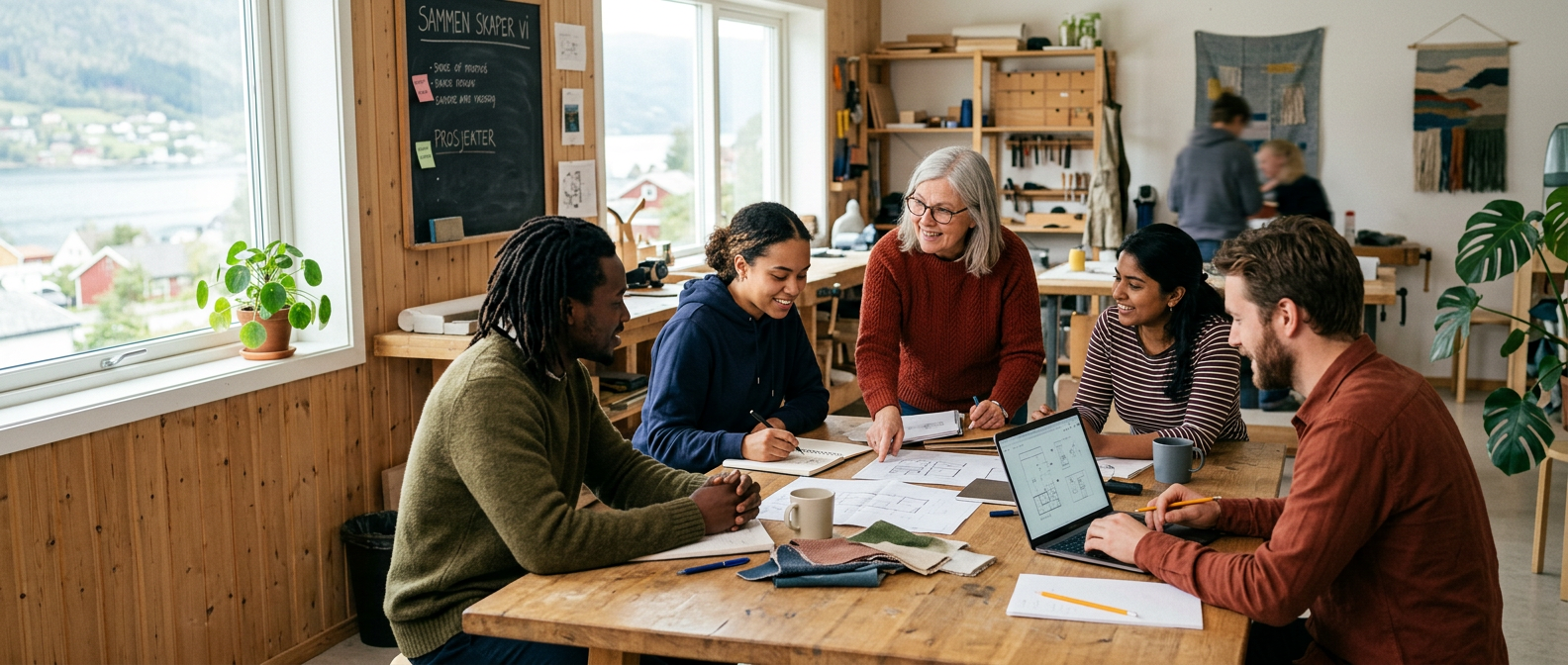 People collaborating around a table in a community workshop